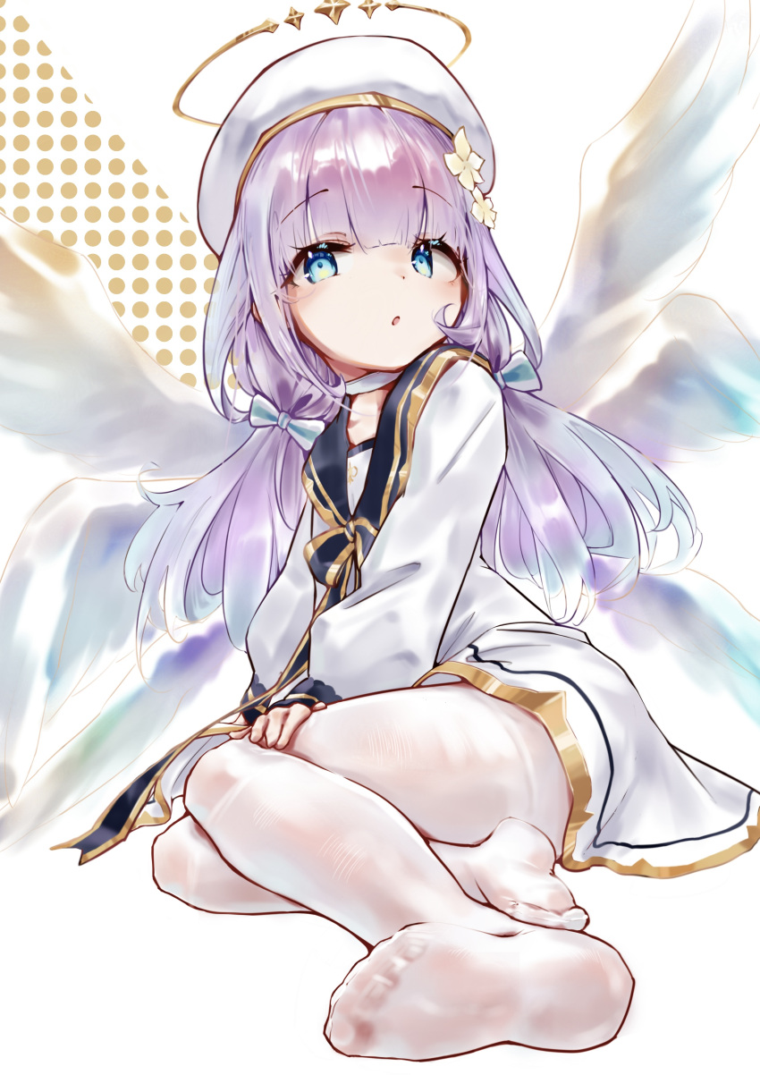 absurdres, angel, angel_wings, blue_eyes, blush, bow, dress, feathered_wings