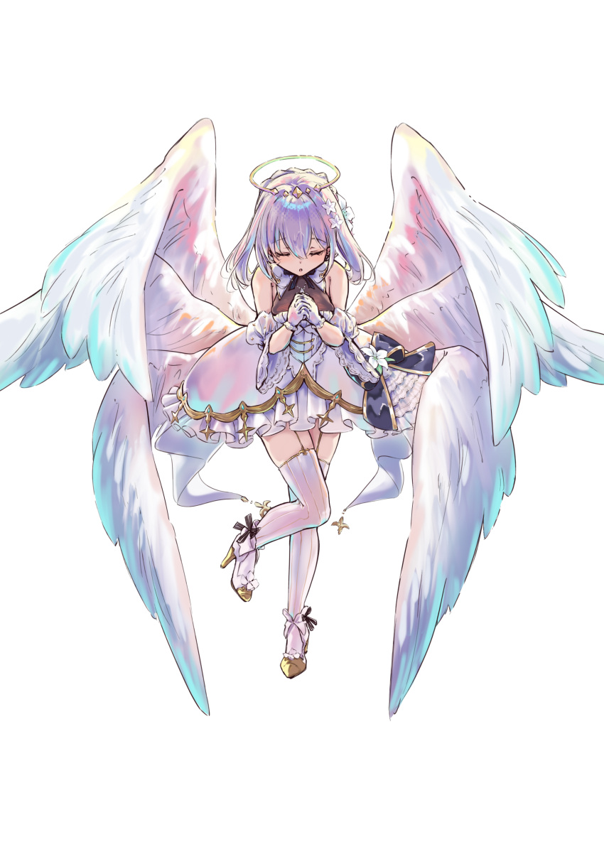 1girl, absurdres, angel, angel_wings, bare_shoulders, blue_eyes, blush, boots