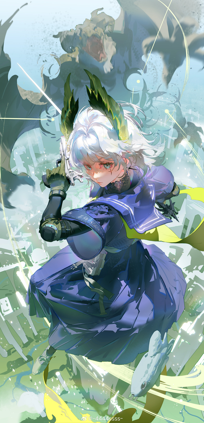 1girl, absurdres, ammmzhh1, arknights, asymmetrical_dual_wielding, black_shirt, blue_eyes, chinese_commentary