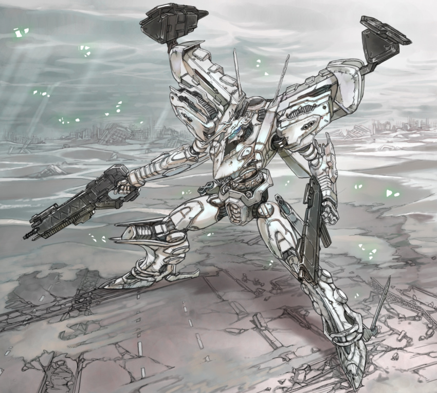 armored_core:_for_answer, city, cityscape, cloudy_sky, desert, dual_wielding, gun, mecha