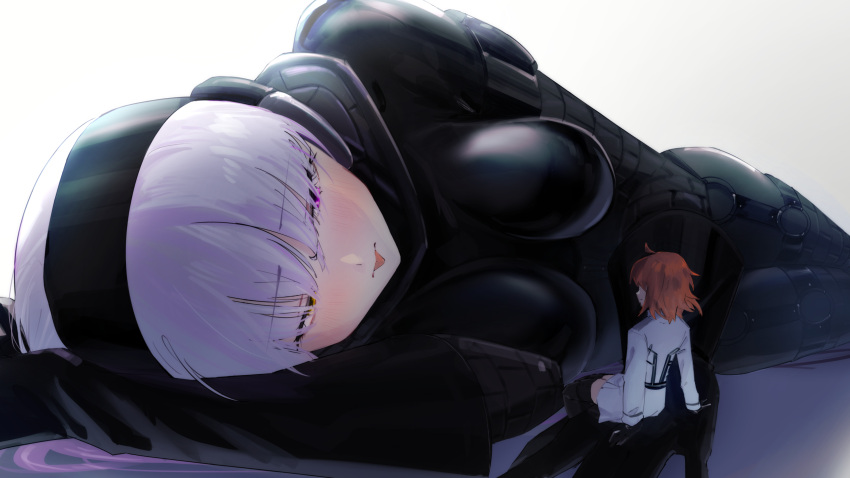 2girls, absurdres, black_bodysuit, blush, bodysuit, breasts, chaldea_uniform, fate/extra