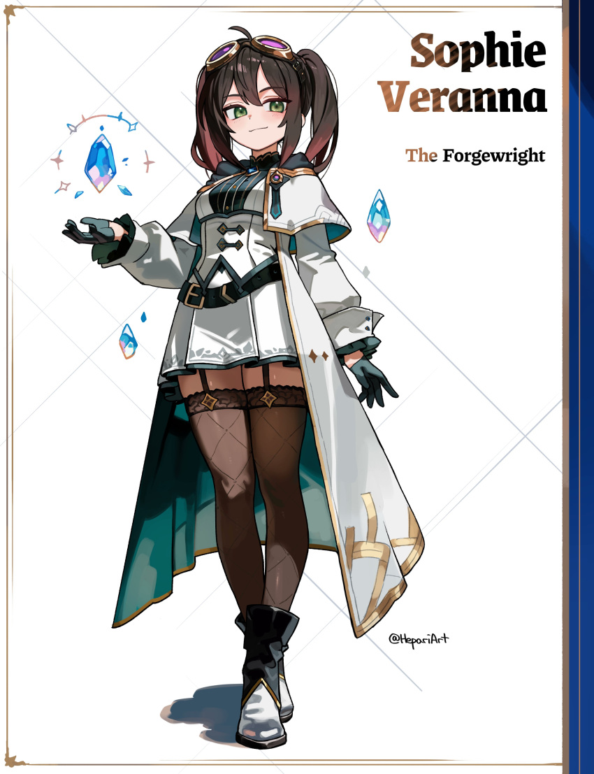 1girl, absurdres, ahoge, arm_at_side, black_gloves, black_shirt, black_thighhighs, blue_gemstone, blush, boots, breasts, brown_hair, buttons, cape, closed_mouth, crossed_legs, floating, floating_gem, floating_object, full_body, garter_straps, gem, gloves, goggles, goggles_on_head, green_eyes, hair_between_eyes, half_gloves, hepari, highres, layered_shirt, long_sleeves, looking_at_viewer, medium_hair, original, shirt, skirt, small_breasts, smile, smirk, smug, solo, standing, thigh-highs, twintails, twitter_username, watson_cross, white_cape, white_shirt, white_skirt, zettai_ryouiki