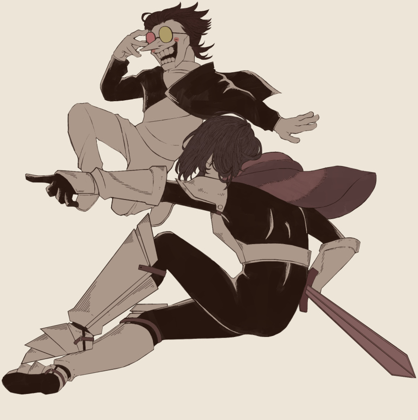 1boy, 1other, armor, black_bodysuit, black_jacket, blush_stickers, bodysuit, cape, closed_eyes, deltarune, full_body, grey_background, highres, holding, holding_sword, holding_weapon, jacket, kris_(dark_world)_(deltarune), kris_(deltarune), mamaito, outstretched_arm, pants, pointing, red_cape, round_eyewear, shirt, short_hair, shoulder_armor, simple_background, smile, spamton_g._spamton, sword, teeth, two-tone_eyewear, weapon, white_pants, white_shirt