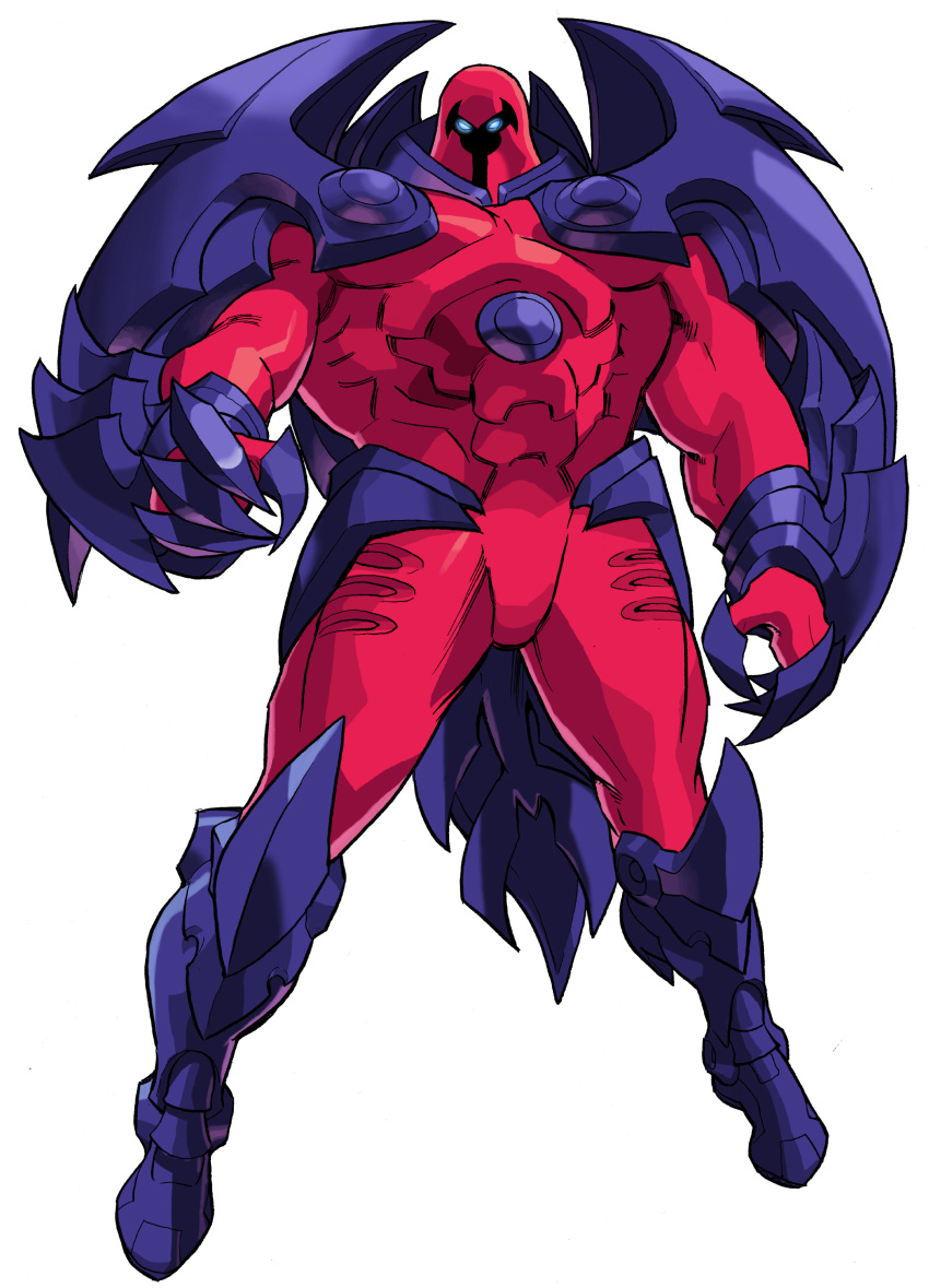 1990s_(style), 1998, 1boy, absurdres, armor, bengus, bodysuit, capcom, claws, game_cg, giant, glowing, glowing_eyes, helmet, highres, looking_at_viewer, marvel, marvel_vs._capcom, muscular, non-web_source, official_art, onslaught_(x-men), red_bodysuit, retro_artstyle, solo, western_comics_(style), wings