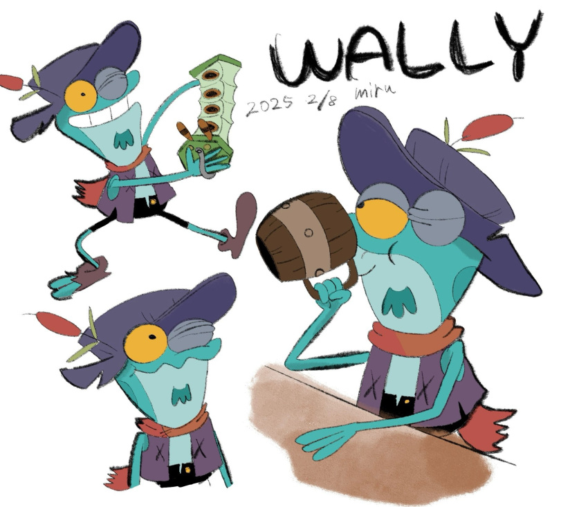1boy, amphibia, brown_shoes, cattail, character_name, commentary_request, concertina, dated, drinking, frog, highres, holding, holding_instrument, instrument, ku_260211, male_focus, multiple_views, one_eye_closed, plant, shoes, smile, torn_shoes, wally_(amphibia), white_background