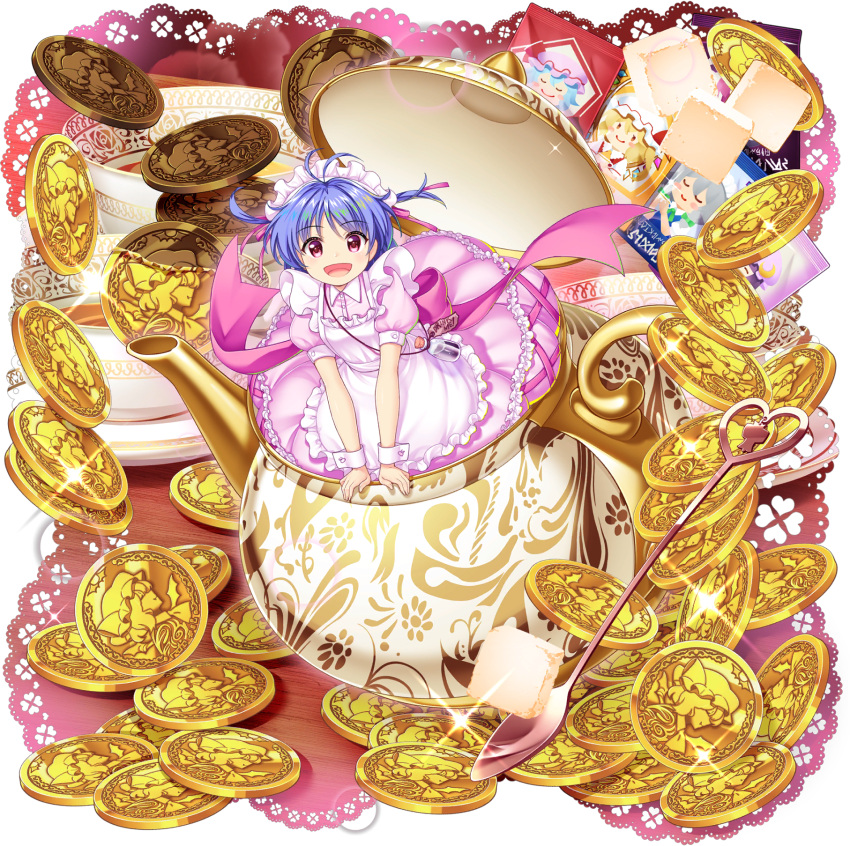 1girl, :d, alternate_costume, apron, back_bow, bow, character_print, coin, cup, dress, drink_me_potion, enmaided, flandre_scarlet, full_body, game_cg, highres, in_container, in_teapot, izayoi_sakuya, lens_flare, looking_at_viewer, maid, maid_apron, maid_headdress, mini_person, minigirl, official_art, open_mouth, patchouli_knowledge, pink_apron, pink_bow, pink_dress, pink_eyes, plate, puffy_short_sleeves, puffy_sleeves, purple_hair, remilia_scarlet, rotte_(1109), short_hair, short_sleeves, smile, solo, spoon, sugar_cube, sukuna_shinmyoumaru, sukuna_shinmyoumaru_(the_mansion's_smallest_maid), teacup, teapot, third-party_source, touhou, touhou_lostword, transparent_background, wrist_cuffs