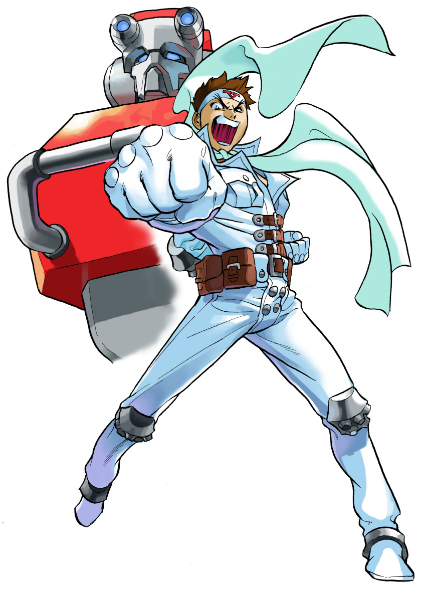 1990s_(style), 1998, 1boy, absurdres, bengus, brown_hair, bx-02_blodia, capcom, cyberbots, fist_pump, furrowed_brow, game_cg, headband, highres, looking_at_viewer, male_focus, marvel, marvel_vs._capcom, mecha, muscular, non-web_source, official_art, open_mouth, retro_artstyle, roaring, robot, saotome_jin, solo, spikes, variant_armor, white_headband