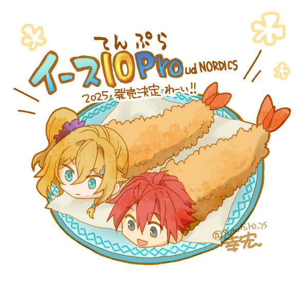 1boy, 1girl, :d, blonde_hair, blue_eyes, copyright_name, food, foodification, frown, grey_eyes, karja_balta, open_mouth, plate, red_hair, short_hair, shrimp, shrimp_tempura, side_ponytail, smile, tempura, translation_request, ys, ys_x:_nordics, yukihiro_ys