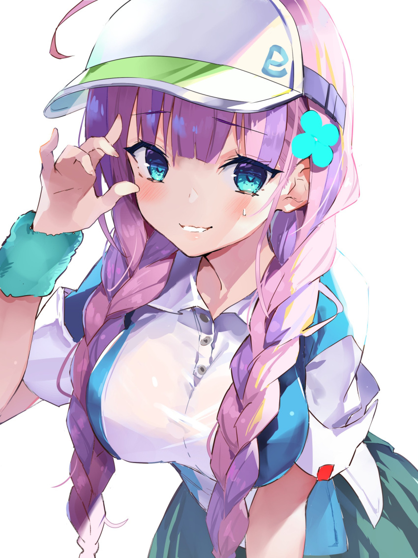 1girl, absurdres, ahoge, aoi_momo, aqua_eyes, braid, breasts, clover_hair_ornament, date_akari, hair_ornament, heaven_burns_red, highres, large_breasts, long_hair, looking_at_viewer, multicolored_hair, pleated_skirt, purple_hair, short_sleeves, skirt, solo, sportswear, streaked_hair, sweatdrop, teeth, tennis_uniform, twin_braids, visor_cap, white_background, wristband