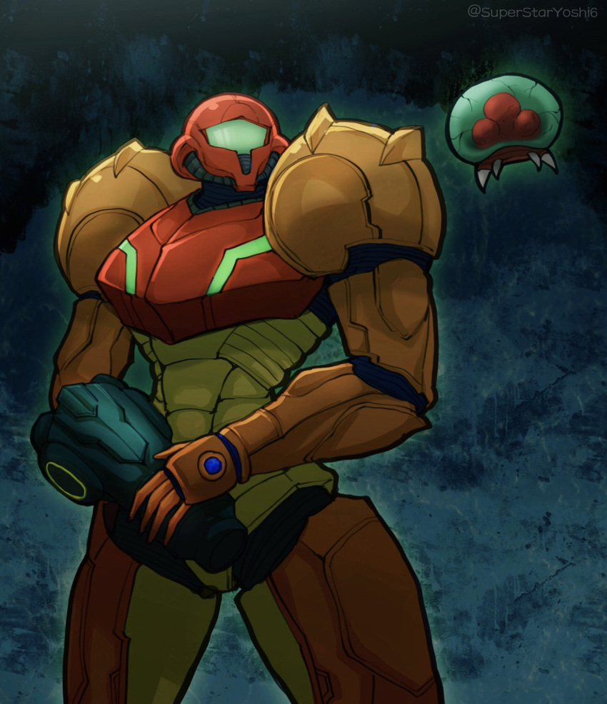 1girl, arm_cannon, armor, artist_name, assault_visor, blue_background, commentary, cowboy_shot