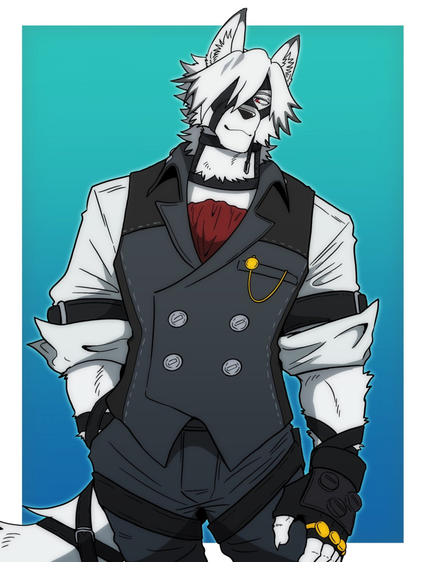 1boy, animal_ears, ascot, bicep_strap, black_gloves, closed_mouth, colored_tips, commentary_request