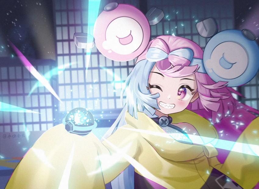 1girl, blush, bow-shaped_hair, building, character_hair_ornament, commentary_request, dmld_octopus, grin