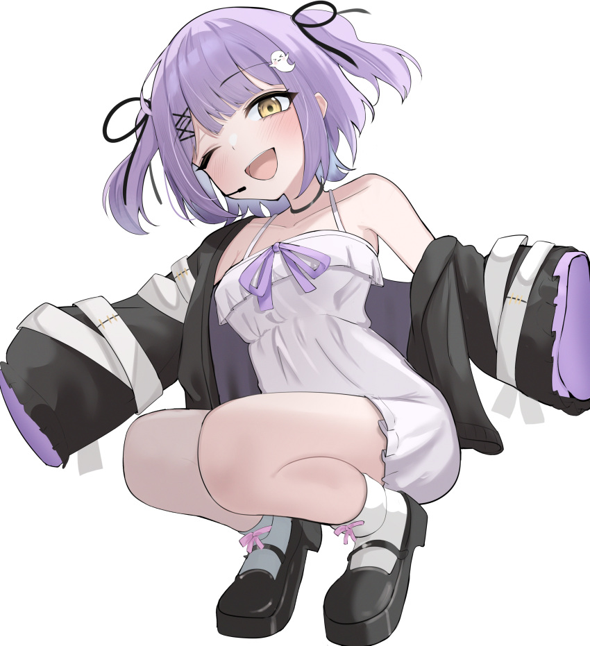 1girl, absurdres, black_choker, black_jacket, black_ribbon, black_shoes, choker, dress