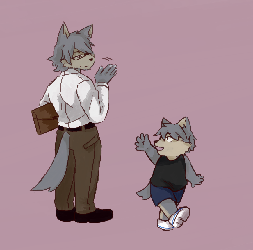 2boys, animal_ears, black_shirt, black_shoes, black_tank_top, blue_shorts, briefcase, brown_pants