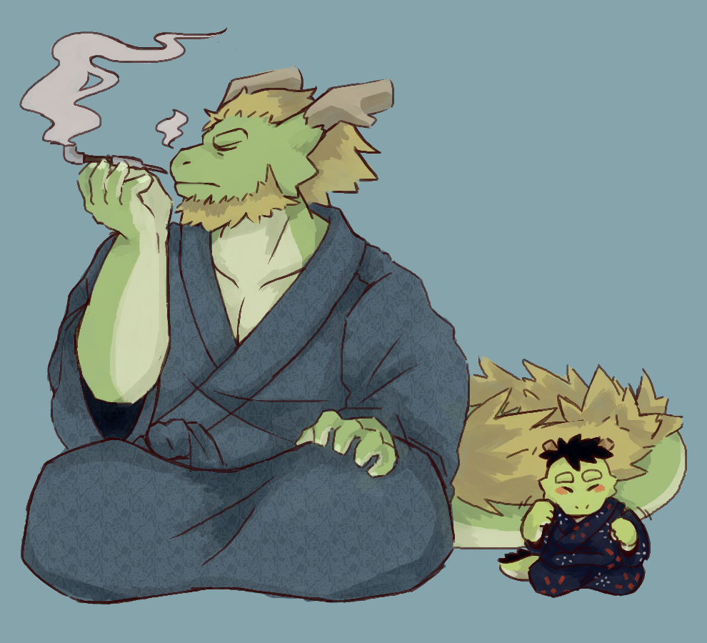 2boys, beard, blue_background, blush, closed_eyes, closed_mouth, dragon_boy, dragon_horns, dragon_tail, english_commentary, facial_hair, father_and_child, father_and_son, furry, furry_male, holding, holding_smoking_pipe, horns, japanese_clothes, kimono, male_focus, mamaito, morenatsu, multiple_boys, smoke, smoking_pipe, tail, tappei_midoriya, tatsuki_midoriya