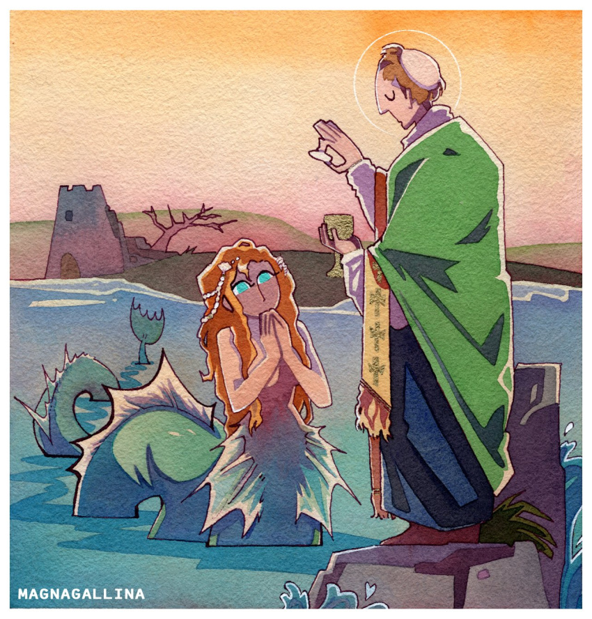 1boy, 1girl, blue_eyes, bread, brendan_the_navigator, brown_hair, chalice, clam_shell, closed_eyes, cross, cup, fins, fish_tail, food, halo, highres, holding, holding_cup, holding_food, latin_cross, magnagallina, mermaid, monster_girl, orange_hair, original, own_hands_together, priest, robe, rock, stole, string_of_pearls, tail, tower, tree, twitter_username, water, zucchetto