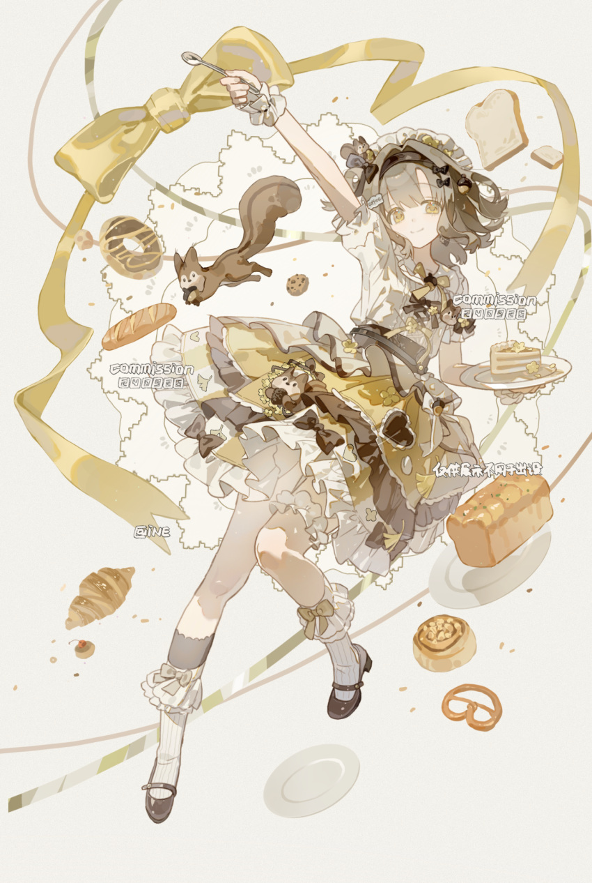 1girl, arm_up, baoxian_lengdong_gui, black_bow, bloomers, bow, cat, closed_mouth
