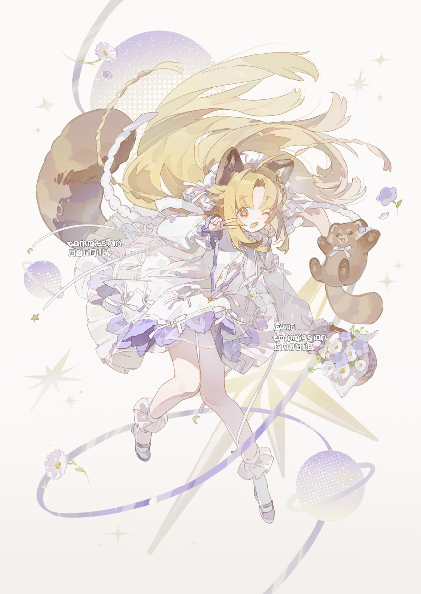 1girl, absurdres, animal_ears, baoxian_lengdong_gui, basket, blonde_hair, bobby_socks, bow