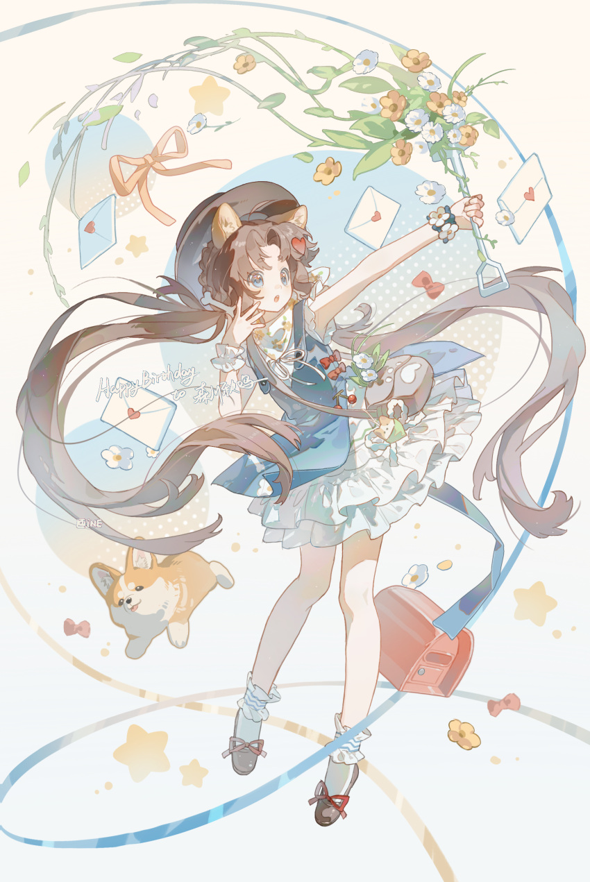 1girl, absurdres, animal_ears, bag, baoxian_lengdong_gui, blue_dress, blue_eyes, bow