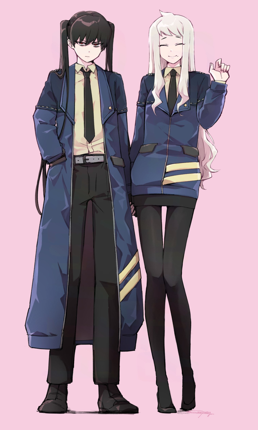 2girls, absurdres, belt, black_necktie, black_shoes, black_skirt, blue_jacket, collared_shirt