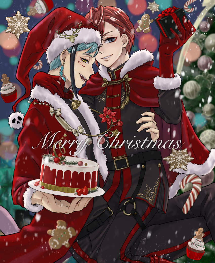 2boys, blue_hair, box, cake, christmas, christmas_tree, coat, commentary_request