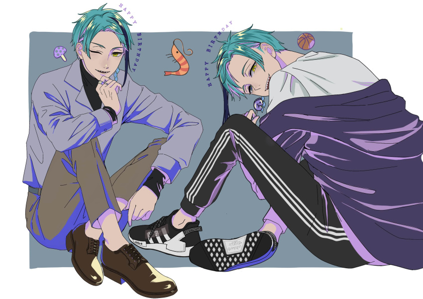 2boys, blue_hair, brothers, commentary_request, english_text, floyd_leech, grey_background, happy_birthday