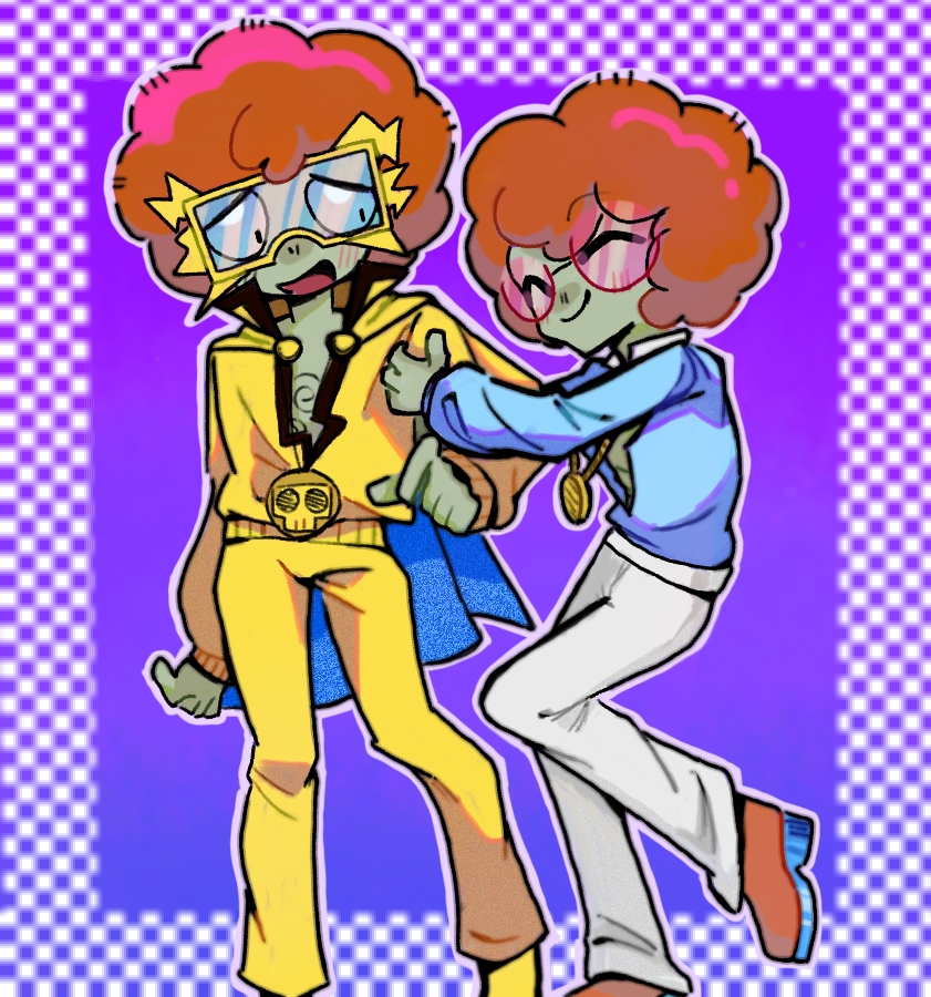 2boys, :d, ^_^, afro, ankle_boots, arm_at_side, arm_hug, black_eyes, blue-tinted_eyewear, blue_shirt, blush, boots, border, brown_hair, closed_eyes, closed_mouth, collared_jacket, colored_shoe_soles, colored_skin, disco_zombie, dual_persona, electric_boogaloo_(plants_vs._zombies), facing_another, feet_out_of_frame, film_grain, foot_out_of_frame, goggles, gold_necklace, grey_skin, jacket, jewelry, knees_together_feet_apart, lightning_bolt_symbol, long_sleeves, looking_at_another, male_focus, multiple_boys, necklace, open_mouth, orange_boots, outline, outside_border, pants, partially_unzipped, pink-tinted_eyewear, plants_vs._zombies, plants_vs._zombies_heroes, purple_background, round_eyewear, semi-rimless_eyewear, shirt, short_hair, simple_background, smile, standing, standing_on_one_leg, tinted_eyewear, tongue, white_outline, white_pants, xh5_(xinjinjumin348470816236), yellow-framed_eyewear, yellow_jacket, yellow_pants