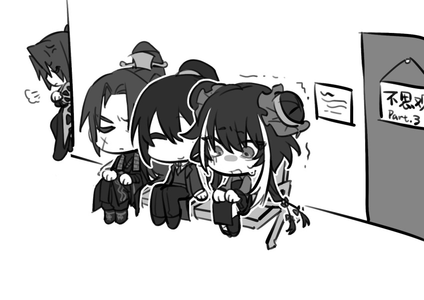1girl, 3boys, chibi, coat, collared_shirt, double_bun, dovetree14, dress