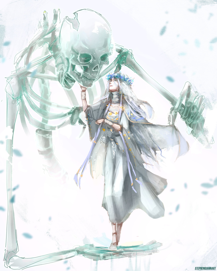 1girl, absurdres, artist_name, dress, elden_ring, elden_ring_nightreign, flower_wreath, full_body