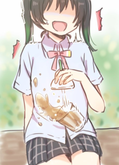 1girl, :d, ^^^, black_hair, black_skirt, blue_shirt, commentary_request, cup, disposable_cup, drink, falling, falling_food, flinch, gradient_hair, green_hair, holding, holding_lid, lid, lone_nape_hair, love_live!, love_live!_nijigasaki_high_school_idol_club, medium_hair, miniskirt, motion_lines, multicolored_hair, neck_ribbon, nijigasaki_school_uniform, no_eyes, open_mouth, pink_ribbon, plaid_clothes, plaid_skirt, pleated_skirt, ribbon, school_uniform, shirt, short_sleeves, sitting, skirt, smile, solo, summer_uniform, sweatdrop, takasaki_yu, twintails, yoon_(yoon_lovelive)