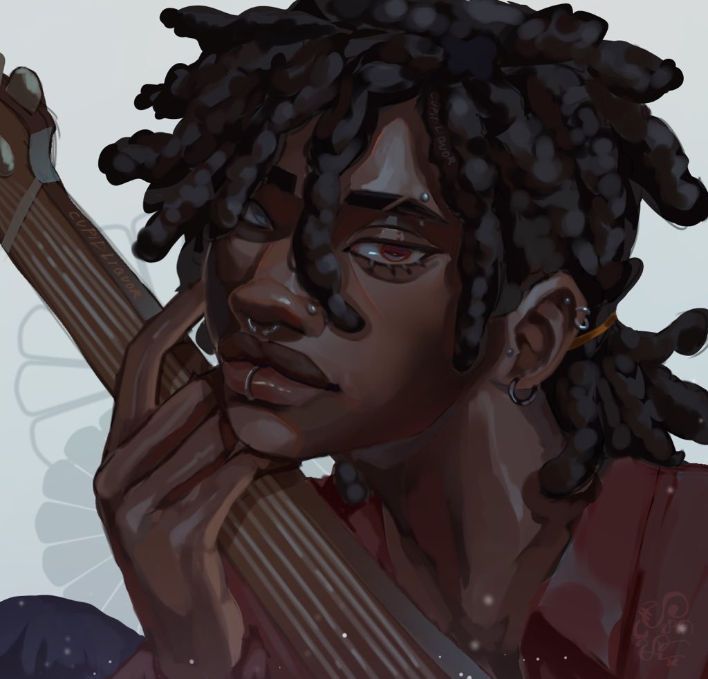 1boy, adventure_time, adventure_time:_fionna_and_cake, black_hair, brown_lips, closed_mouth, cupidliquor, dark-skinned_male, dark_skin, dreadlocks, ear_piercing, eyebrow_cut, eyebrow_piercing, eyelashes, face_piercing, guitar, instrument, labret_piercing, lip_piercing, lip_ring, lips, male_focus, marshall_lee, marshall_lee_(human), nose, nose_piercing, nose_ring, nostrils, piercing, ponytail, red_eyes, shirt, simple_background, solo, thick_lips, very_dark_skin
