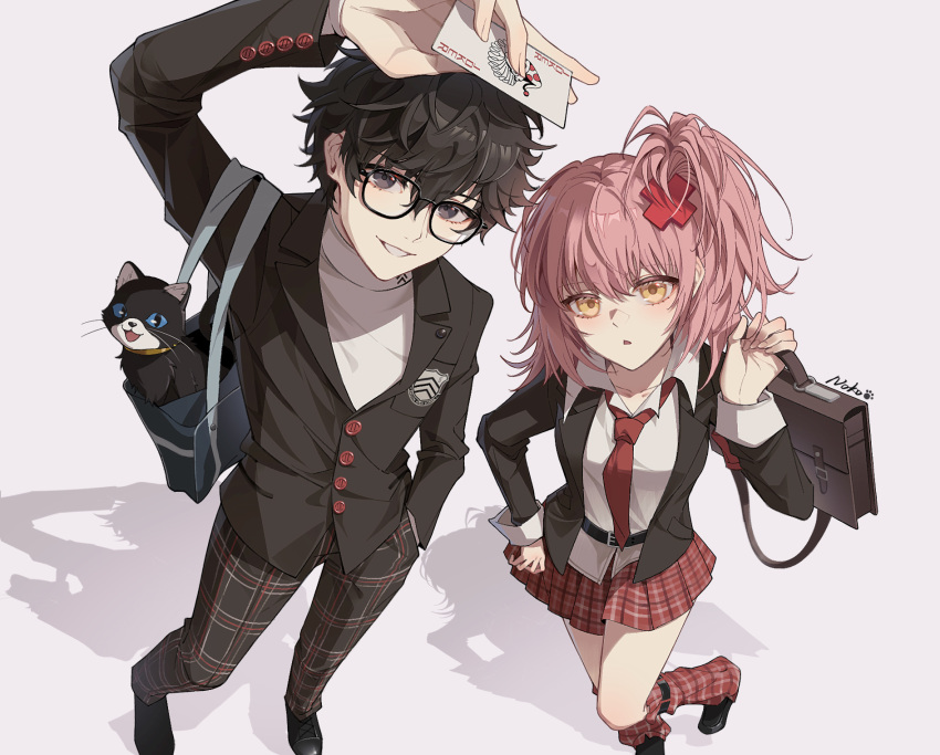 1boy, 1girl, amamiya_ren, arm_up, bag, black-framed_eyewear, black_hair, black_jacket
