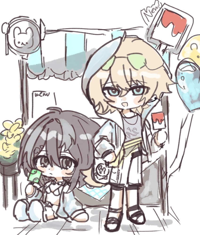 1boy, 1girl, animal_ears, anklet, arknights, bag, balloon, belt