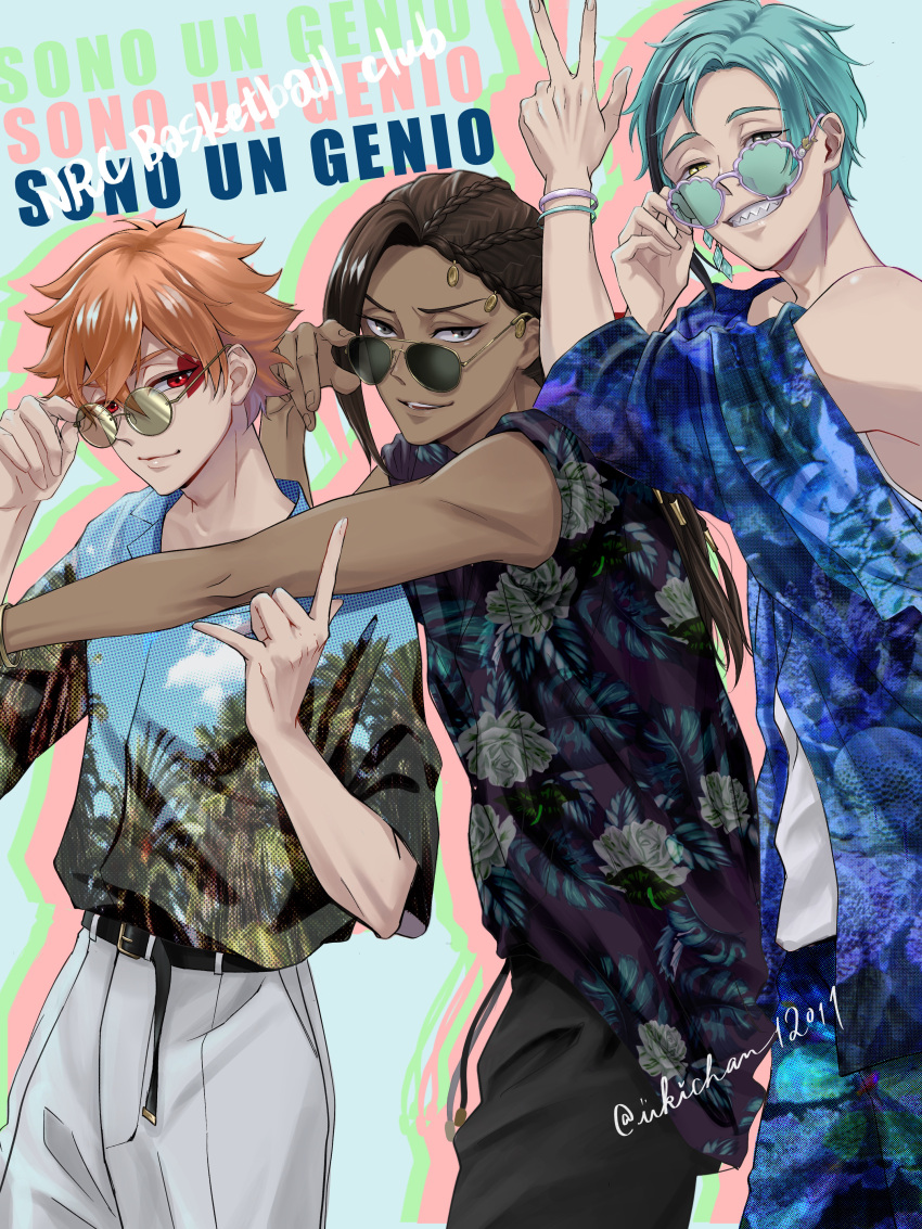 3boys, absurdres, ace_trappola, blue_background, blue_hair, brown_hair, commentary_request, cowboy_shot