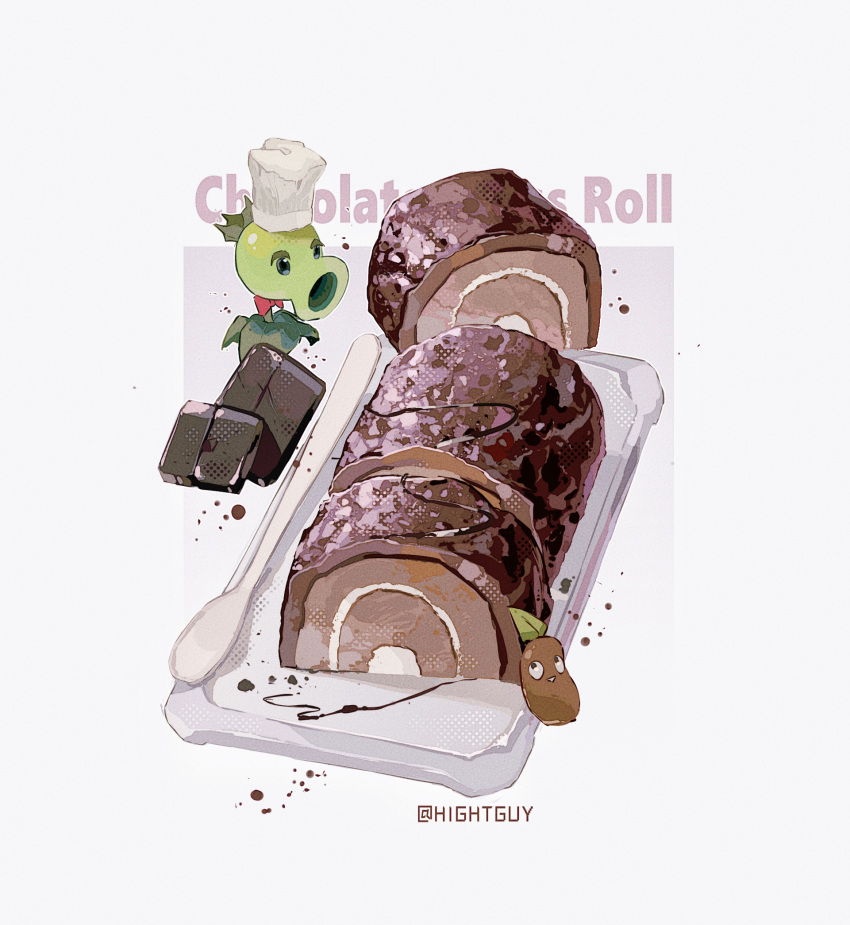 black_eyes, bow, bowtie, cake, chef_hat, chinese_commentary, chocolate, chocolate_cake