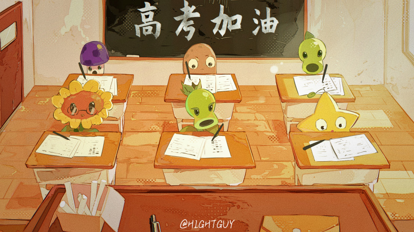 :o, black-framed_eyewear, black_eyes, box, chalk, chalkboard, chinese_commentary, chinese_text