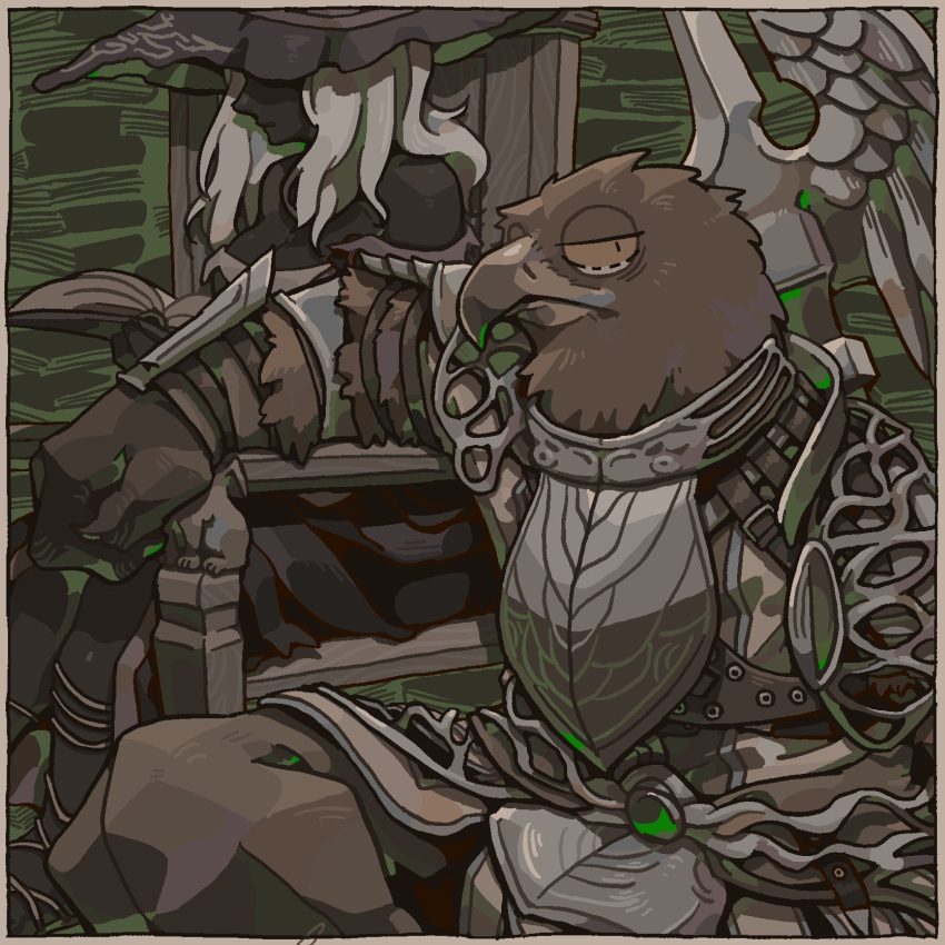 1boy, 1girl, animal_head, arm_guards, armor, beak, bird_boy, breastplate