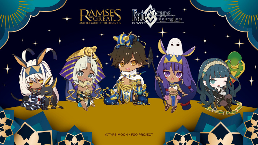 2boys, 3girls, ancient_egyptian, ancient_egyptian_clothes, animal_ears, antenna_hair, bandages, bird