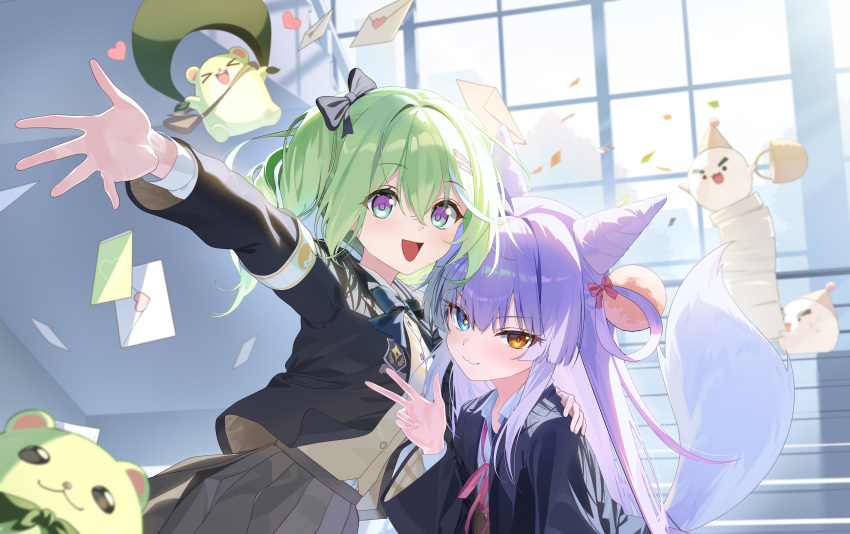 2girls, absurdres, armband, black_jacket, blue_eyes, bow, chico_(yuzuha_riko), closed_mouth