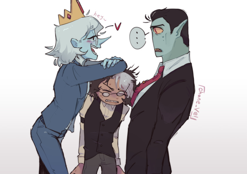 ..., 3boys, adventure_time, adventure_time:_fionna_and_cake, black_hair, black_jacket, blue_skin, brown_hair