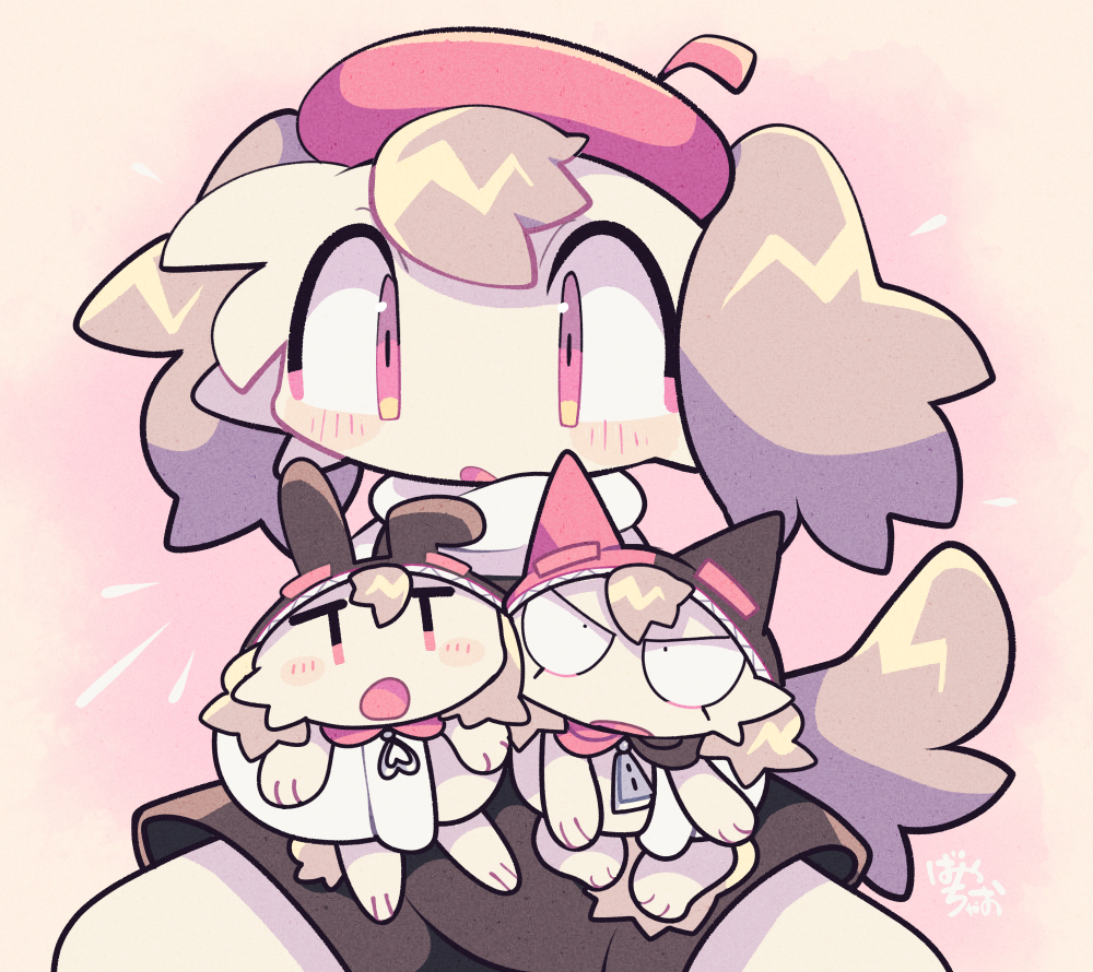 1boy, 1girl, 1other, androgynous, animal_ears, artist_self-insert, babichao, babio_(makemon!), banio_(makemon!), bayachao, beret, brown_hair, chibikemo, commentary_request, deformed, dog_boy, dog_ears, dog_girl, dog_tail, furry, furry_female, furry_male, hat, holding, holding_mini_person, hood, hood_up, makemon!, mini_person, miniboy, official_art, red_eyes, red_hat, short_hair, sitting, solo_focus, tail