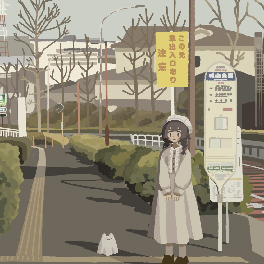 1girl, bare_tree, braid, building, bush, dress, frills, grey_dress