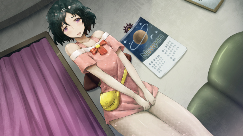 1boy, bare_shoulders, black_hair, blush, bob_cut, bow, chest_bow, choker