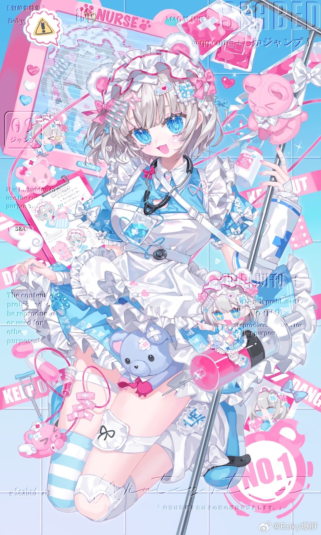 1girl, animal_ears, apron, asymmetrical_legwear, bandages, bandaid, bandaid_on_leg, blood