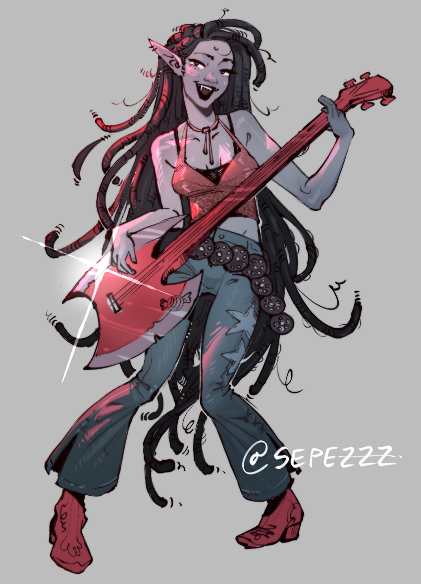 1girl, adventure_time, alternate_costume, ax_bass, bass_guitar, belt, black_hair, breasts