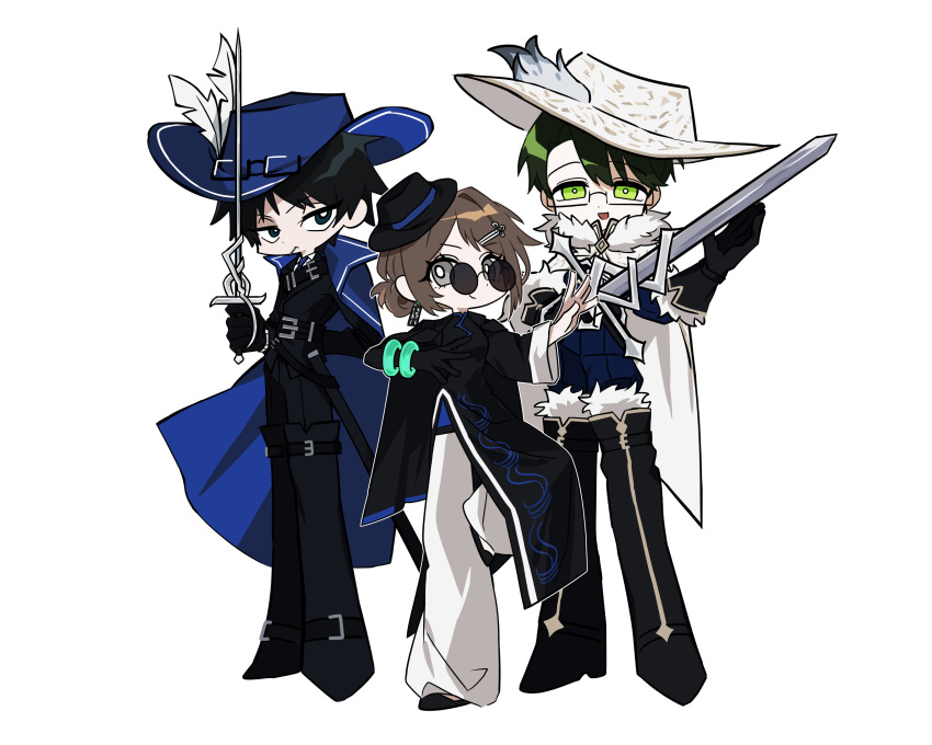 1girl, 2boys, absurdres, black_boots, black_eyes, black_hair, black_hat, blue_cape