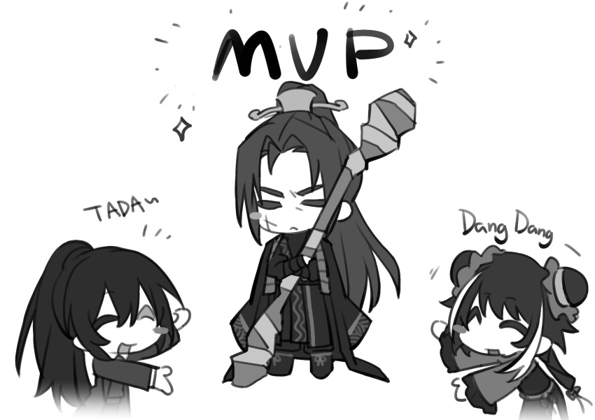 1girl, 2boys, chibi, closed_eyes, closed_mouth, coat, coat_on_shoulders, crossed_arms