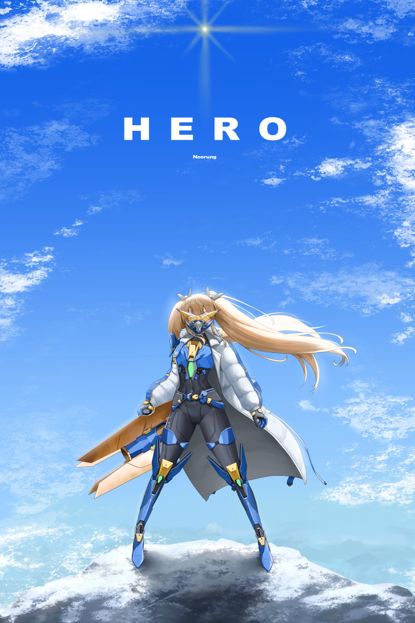 1girl, absurdres, armored_bodysuit, armored_gloves, armored_legwear, artist_name, black_bodysuit, blonde_hair