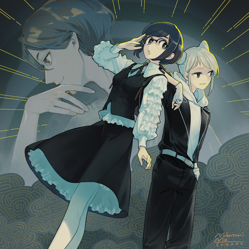 1boy, 2girls, adjusting_eyewear, blonde_hair, cone_hair_bun, double_bun, dress, elbow_rest