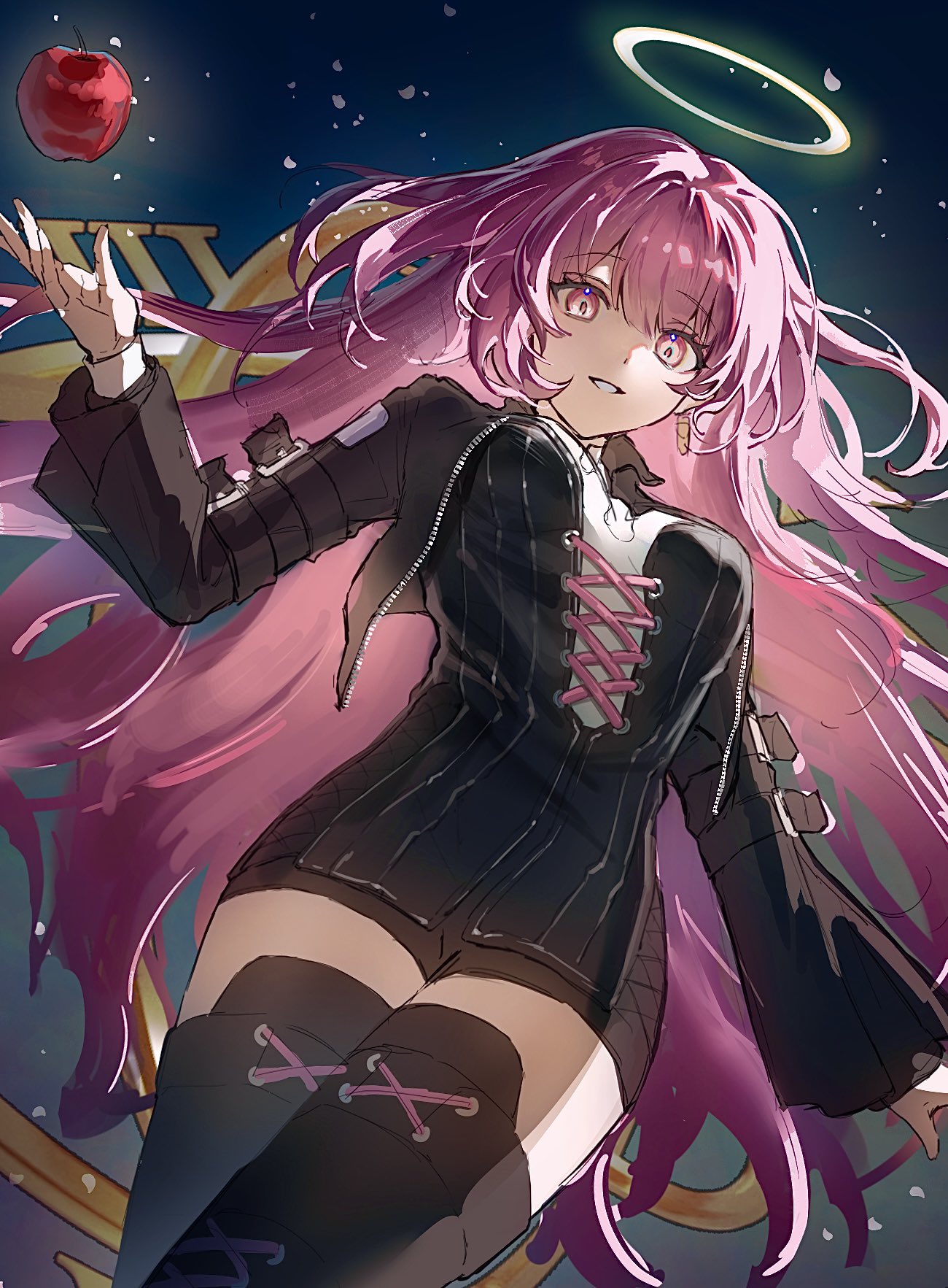 1girl, apple, arknights, black_dress, black_jacket, black_thighhighs, cowboy_shot, cropped_jacket, cross-laced_clothes, cross-laced_dress, dress, food, fruit, halo, highres, jacket, lemuen_(arknights), long_hair, long_sleeves, looking_at_viewer, mira_(345toron), parted_lips, pink_eyes, pink_hair, solo, thigh-highs, very_long_hair, zettai_ryouiki